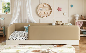 English Elm Twin Montessori Floor Bed Faux Leather Padded Frame with Removable Guardrails Kids Brown W1580P493126