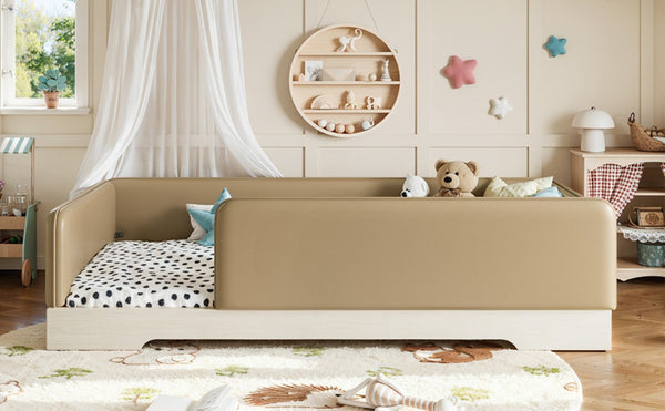 English Elm Twin Montessori Floor Bed Faux Leather Padded Frame with Removable Guardrails Kids Brown W1580P493126