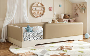 English Elm Twin Montessori Floor Bed Faux Leather Padded Frame with Removable Guardrails Kids Brown W1580P493126