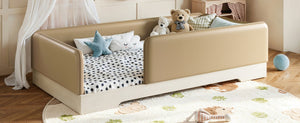 English Elm Twin Montessori Floor Bed Faux Leather Padded Frame with Removable Guardrails Kids Brown W1580P493126