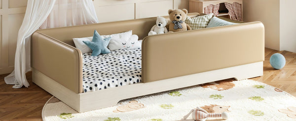 English Elm Twin Montessori Floor Bed Faux Leather Padded Frame with Removable Guardrails Kids Brown W1580P493126