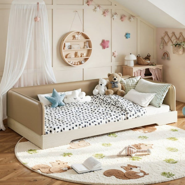 English Elm Twin Montessori Floor Bed Faux Leather Padded Frame with Removable Guardrails Kids Brown W1580P493126
