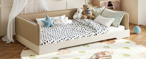 English Elm Twin Montessori Floor Bed Faux Leather Padded Frame with Removable Guardrails Kids Brown W1580P493126