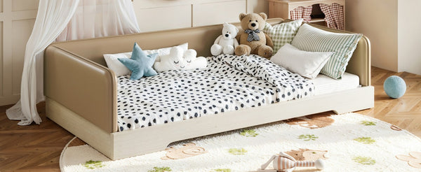 English Elm Twin Montessori Floor Bed Faux Leather Padded Frame with Removable Guardrails Kids Brown W1580P493126