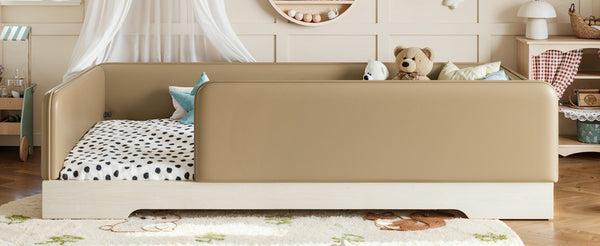 English Elm Twin Montessori Floor Bed Faux Leather Padded Frame with Removable Guardrails Kids Brown W1580P493126