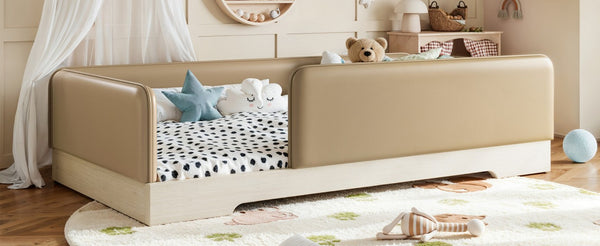 English Elm Twin Montessori Floor Bed Faux Leather Padded Frame with Removable Guardrails Kids Brown W1580P493126