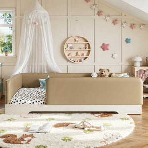 English Elm Twin Montessori Floor Bed Faux Leather Padded Frame with Removable Guardrails Kids Brown W1580P493126