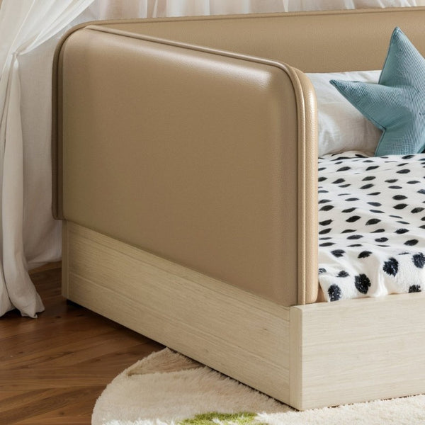 English Elm Twin Montessori Floor Bed Faux Leather Padded Frame with Removable Guardrails Kids Brown W1580P493126