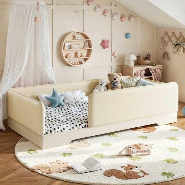 English Elm Twin Montessori Floor Bed Faux Leather Padded Frame with Removable Guardrails Kids Beige W1580P493129