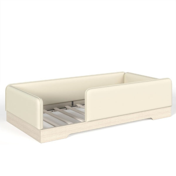 English Elm Twin Montessori Floor Bed Faux Leather Padded Frame with Removable Guardrails Kids Beige W1580P493129