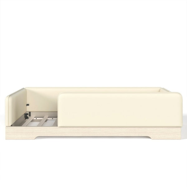 English Elm Twin Montessori Floor Bed Faux Leather Padded Frame with Removable Guardrails Kids Beige W1580P493129