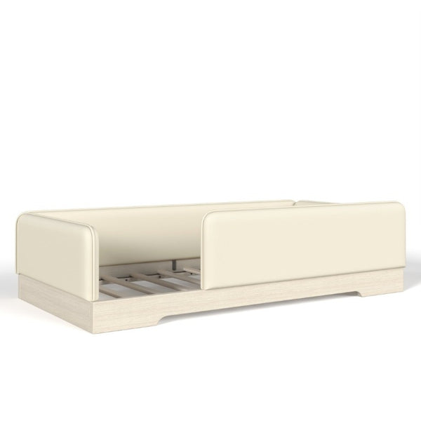 English Elm Twin Montessori Floor Bed Faux Leather Padded Frame with Removable Guardrails Kids Beige W1580P493129