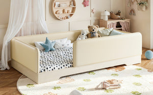English Elm Twin Montessori Floor Bed Faux Leather Padded Frame with Removable Guardrails Kids Beige W1580P493129