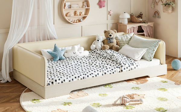 English Elm Twin Montessori Floor Bed Faux Leather Padded Frame with Removable Guardrails Kids Beige W1580P493129