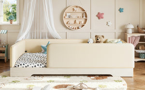 English Elm Twin Montessori Floor Bed Faux Leather Padded Frame with Removable Guardrails Kids Beige W1580P493129