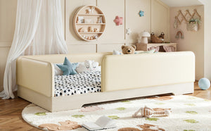 English Elm Twin Montessori Floor Bed Faux Leather Padded Frame with Removable Guardrails Kids Beige W1580P493129
