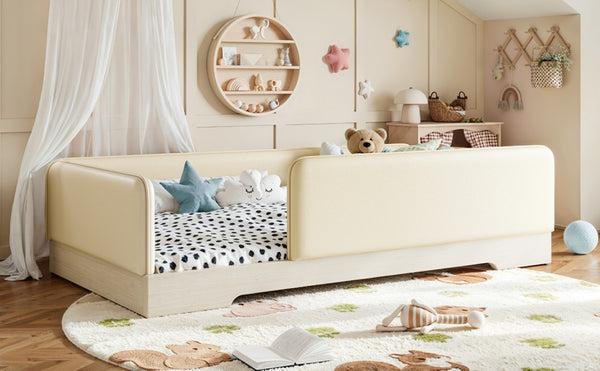 English Elm Twin Montessori Floor Bed Faux Leather Padded Frame with Removable Guardrails Kids Beige W1580P493129