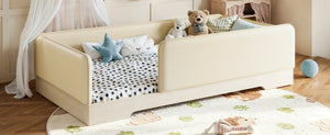 English Elm Twin Montessori Floor Bed Faux Leather Padded Frame with Removable Guardrails Kids Beige W1580P493129