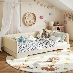 English Elm Twin Montessori Floor Bed Faux Leather Padded Frame with Removable Guardrails Kids Beige W1580P493129