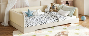 English Elm Twin Montessori Floor Bed Faux Leather Padded Frame with Removable Guardrails Kids Beige W1580P493129