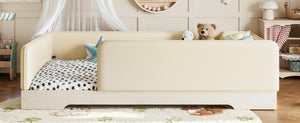 English Elm Twin Montessori Floor Bed Faux Leather Padded Frame with Removable Guardrails Kids Beige W1580P493129