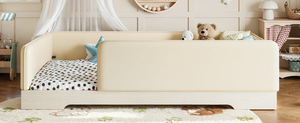 English Elm Twin Montessori Floor Bed Faux Leather Padded Frame with Removable Guardrails Kids Beige W1580P493129