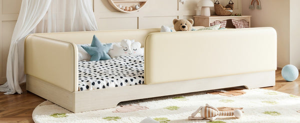 English Elm Twin Montessori Floor Bed Faux Leather Padded Frame with Removable Guardrails Kids Beige W1580P493129