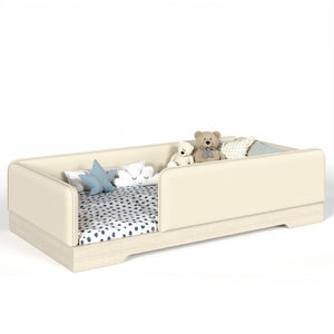 English Elm Twin Montessori Floor Bed Faux Leather Padded Frame with Removable Guardrails Kids Beige W1580P493129
