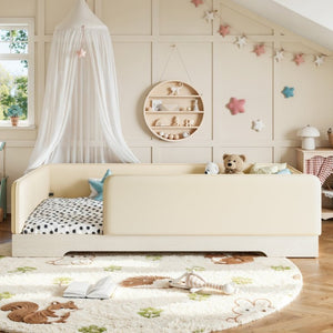 English Elm Twin Montessori Floor Bed Faux Leather Padded Frame with Removable Guardrails Kids Beige W1580P493129