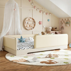 English Elm Twin Montessori Floor Bed Faux Leather Padded Frame with Removable Guardrails Kids Beige W1580P493129