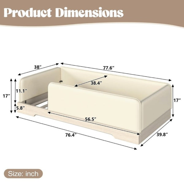English Elm Twin Montessori Floor Bed Faux Leather Padded Frame with Removable Guardrails Kids Beige W1580P493129