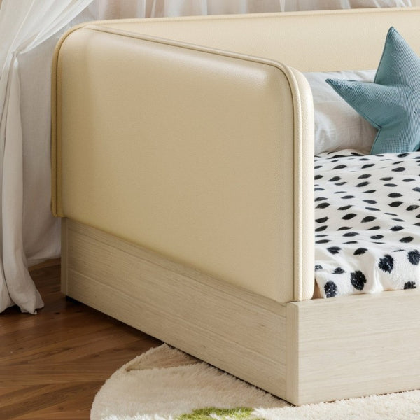 English Elm Twin Montessori Floor Bed Faux Leather Padded Frame with Removable Guardrails Kids Beige W1580P493129