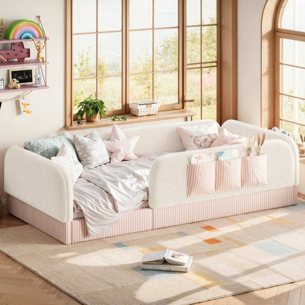 English Elm Twin Montessori Floor Bed Teddy Fleece Kids Frame with Surround Safety Rails and Storage Beige W1580P493495