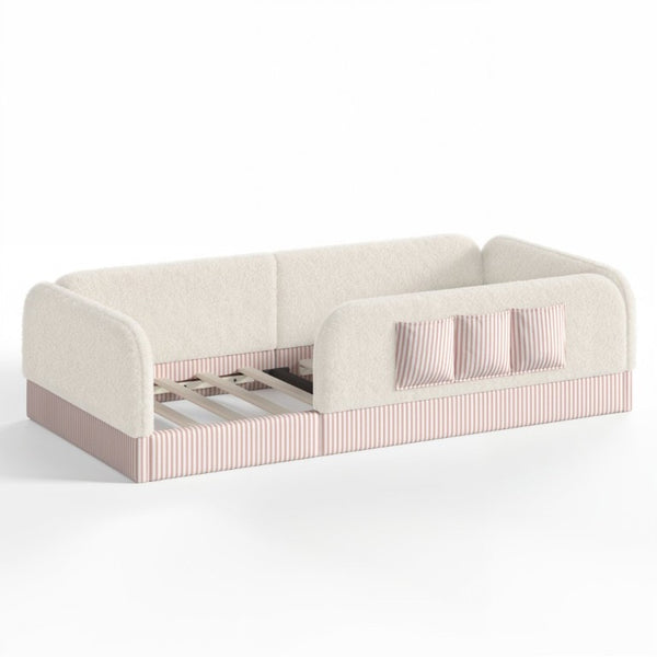 English Elm Twin Montessori Floor Bed Teddy Fleece Kids Frame with Surround Safety Rails and Storage Beige W1580P493495