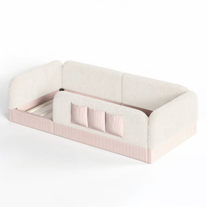 English Elm Twin Montessori Floor Bed Teddy Fleece Kids Frame with Surround Safety Rails and Storage Beige W1580P493495