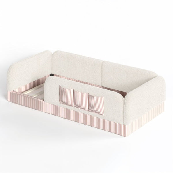 English Elm Twin Montessori Floor Bed Teddy Fleece Kids Frame with Surround Safety Rails and Storage Beige W1580P493495