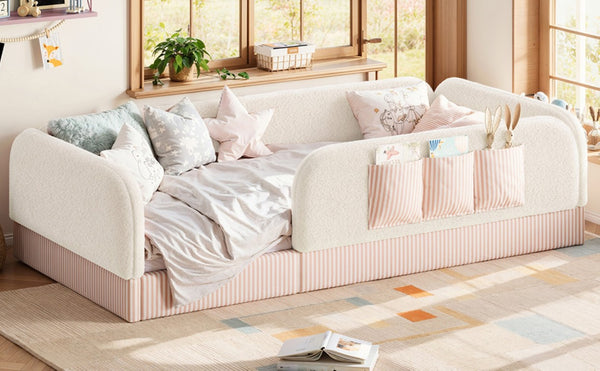 English Elm Twin Montessori Floor Bed Teddy Fleece Kids Frame with Surround Safety Rails and Storage Beige W1580P493495