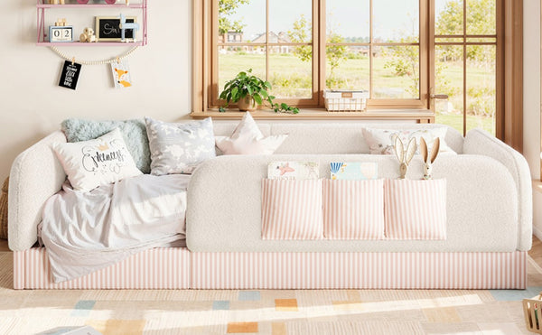 English Elm Twin Montessori Floor Bed Teddy Fleece Kids Frame with Surround Safety Rails and Storage Beige W1580P493495