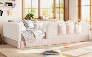 English Elm Twin Montessori Floor Bed Teddy Fleece Kids Frame with Surround Safety Rails and Storage Beige W1580P493495