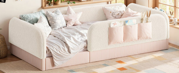 English Elm Twin Montessori Floor Bed Teddy Fleece Kids Frame with Surround Safety Rails and Storage Beige W1580P493495