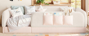 English Elm Twin Montessori Floor Bed Teddy Fleece Kids Frame with Surround Safety Rails and Storage Beige W1580P493495