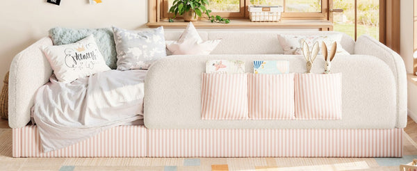 English Elm Twin Montessori Floor Bed Teddy Fleece Kids Frame with Surround Safety Rails and Storage Beige W1580P493495