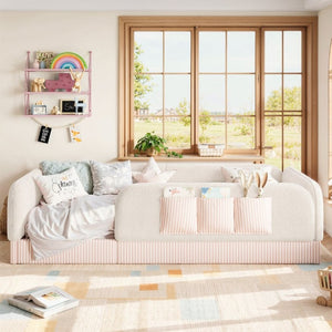 English Elm Twin Montessori Floor Bed Teddy Fleece Kids Frame with Surround Safety Rails and Storage Beige W1580P493495