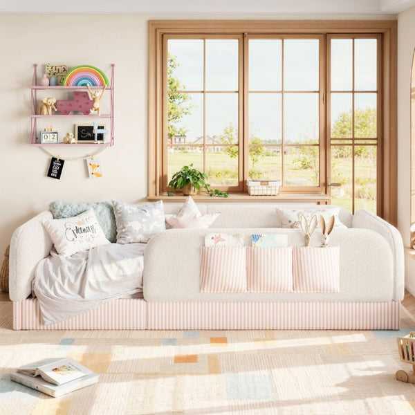 English Elm Twin Montessori Floor Bed Teddy Fleece Kids Frame with Surround Safety Rails and Storage Beige W1580P493495