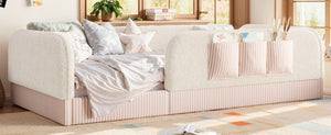 English Elm Twin Montessori Floor Bed Teddy Fleece Kids Frame with Surround Safety Rails and Storage Beige W1580P493495