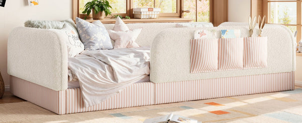 English Elm Twin Montessori Floor Bed Teddy Fleece Kids Frame with Surround Safety Rails and Storage Beige W1580P493495