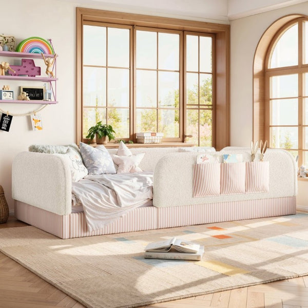 English Elm Twin Montessori Floor Bed Teddy Fleece Kids Frame with Surround Safety Rails and Storage Beige W1580P493495