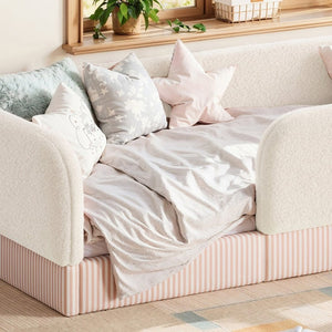 English Elm Twin Montessori Floor Bed Teddy Fleece Kids Frame with Surround Safety Rails and Storage Beige W1580P493495