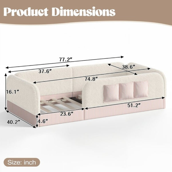 English Elm Twin Montessori Floor Bed Teddy Fleece Kids Frame with Surround Safety Rails and Storage Beige W1580P493495