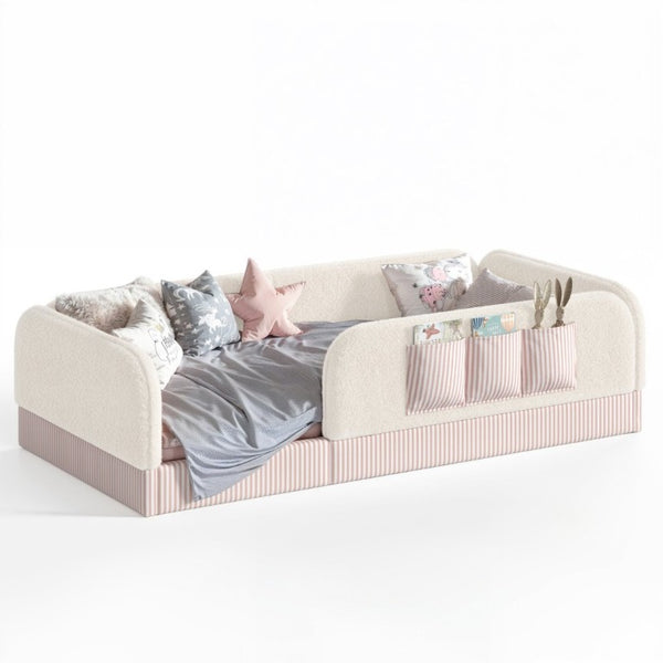 English Elm Twin Montessori Floor Bed Teddy Fleece Kids Frame with Surround Safety Rails and Storage Beige W1580P493495